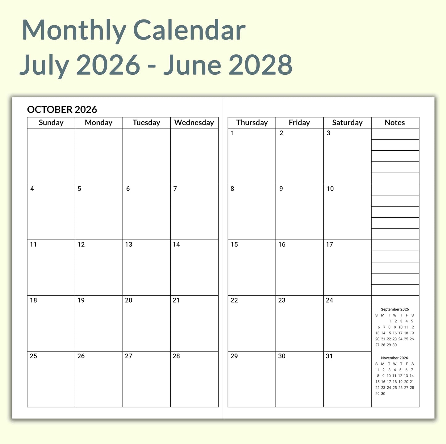 A5 Calendar Planner July 2026 - June 2028, Travelers Notebook Inserts for 2 Years, Monthly Calendar & Important Dates & Line & Dotted, 100gsm Paper