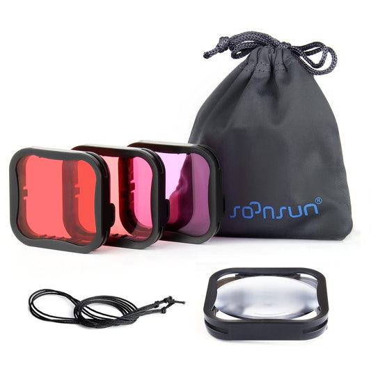SOONSUN 4-Pack Dive Filter for GoPro Hero 5 6 7 Black Official Housing Case - Red, Light Red, Magenta, 5X Close-up Macro Filters - Color Correction