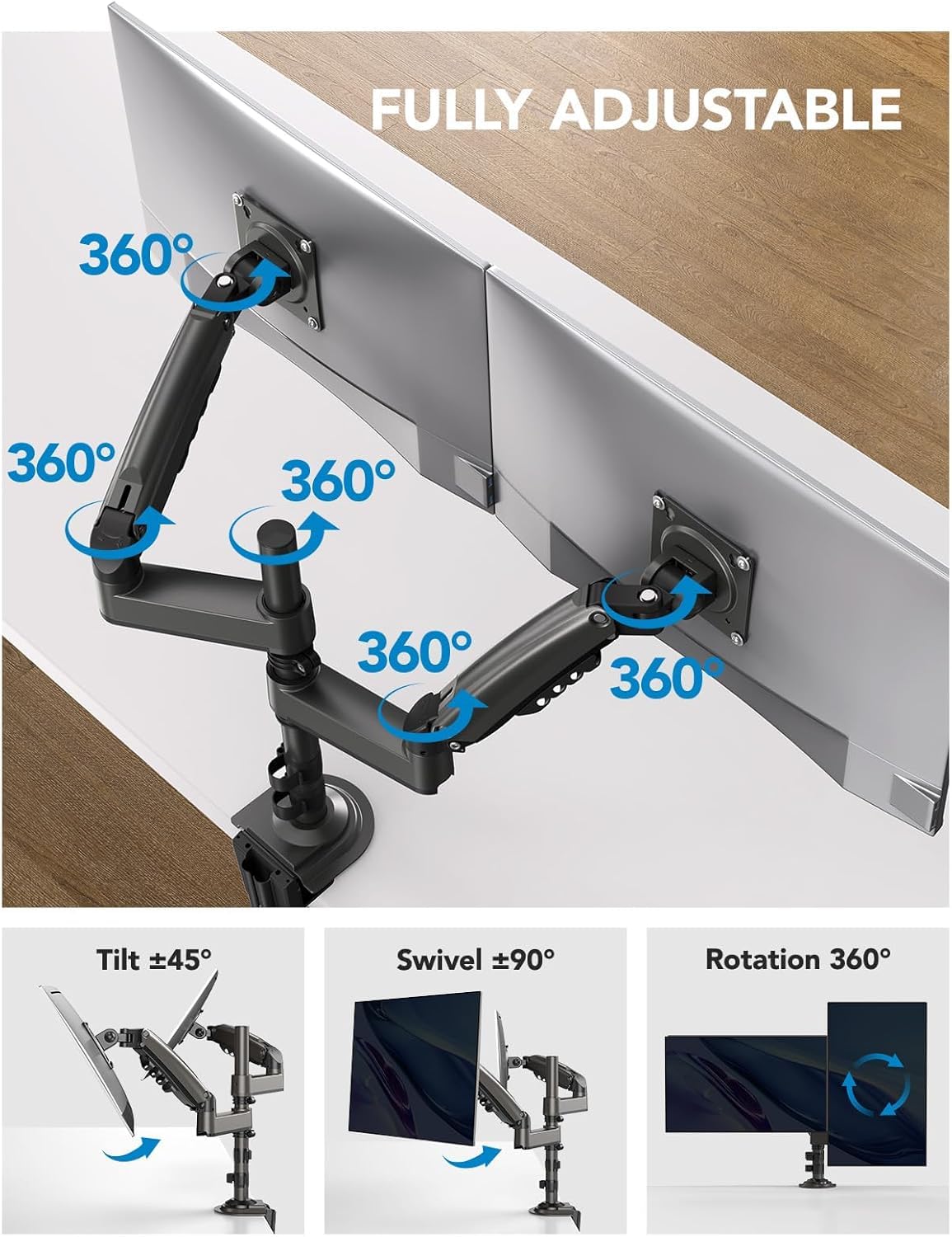 HUANUO 17-32 Inch Dual Monitor Stand, Vertical Dual Monitor Mount, Monitor Stand 2 Monitors, Ergonomic Adjustable Tilt/Swivel/Rotate, Weight Max 19.8