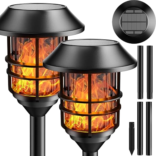 ZOOHAR Solar Pathway Flame Lights - Outdoor Solar LEDs with Metal Construction, Waterproof, Perfect for Gardens, Pathways, Patio, Balcony & Pool, 2