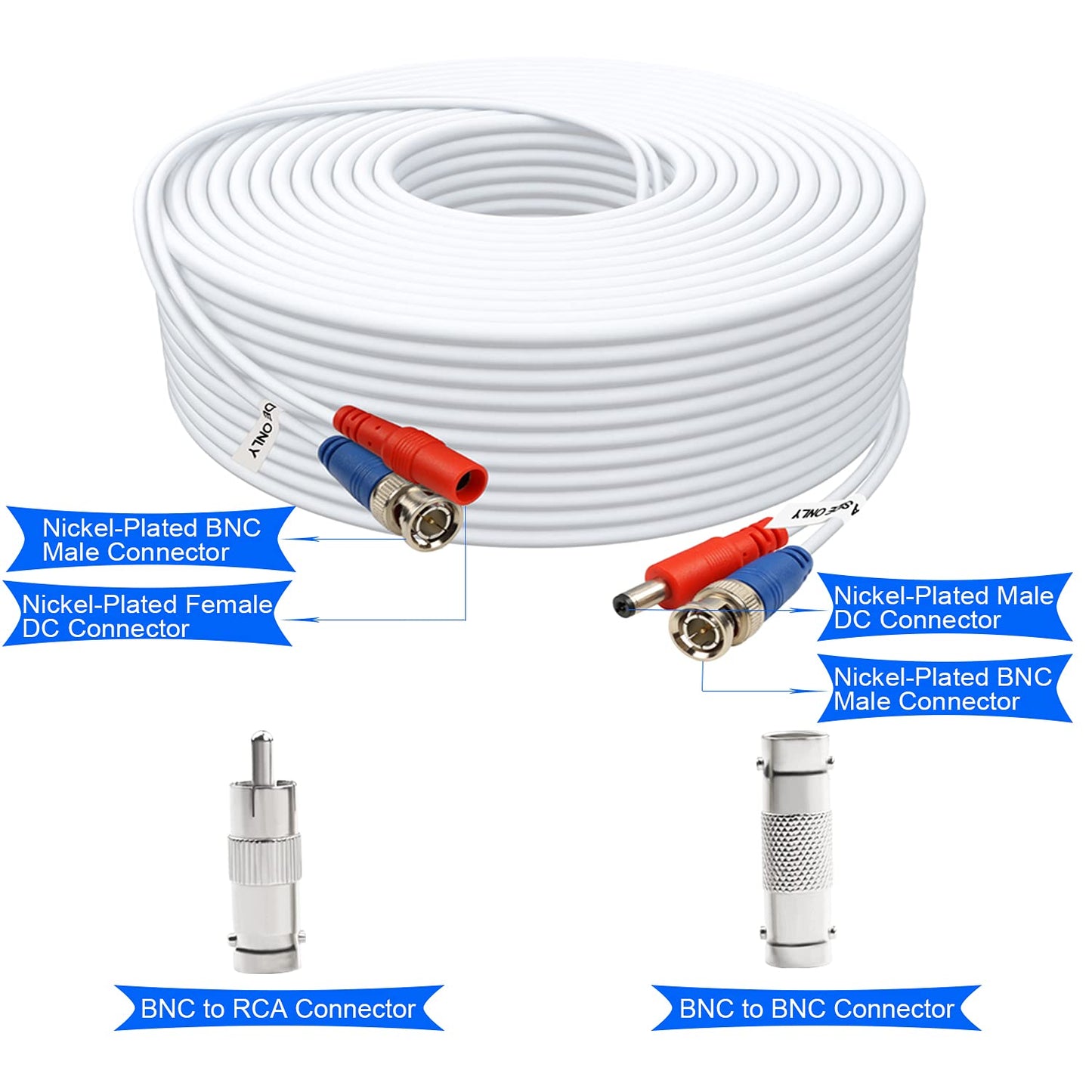 Aimyzii BNC Cable 150ft 2 Pack BNC Video Power Cable,Security Camera Cable for CCTV Camera DVR Security Systems(Included 4X BNC Adapters,1 Bag Cable