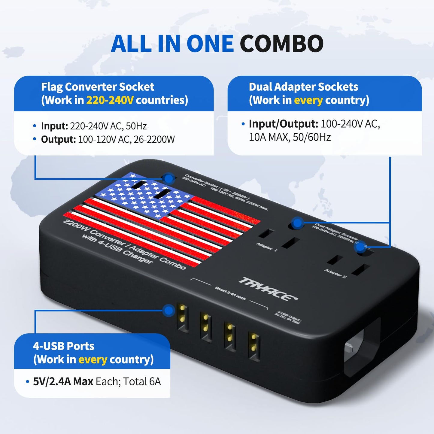 TryAce 2200W Exclusive Voltage Converter, 10A Travel Adapter with 4-Port USB,Power Converter Step Down 220V to 110V for Hair…