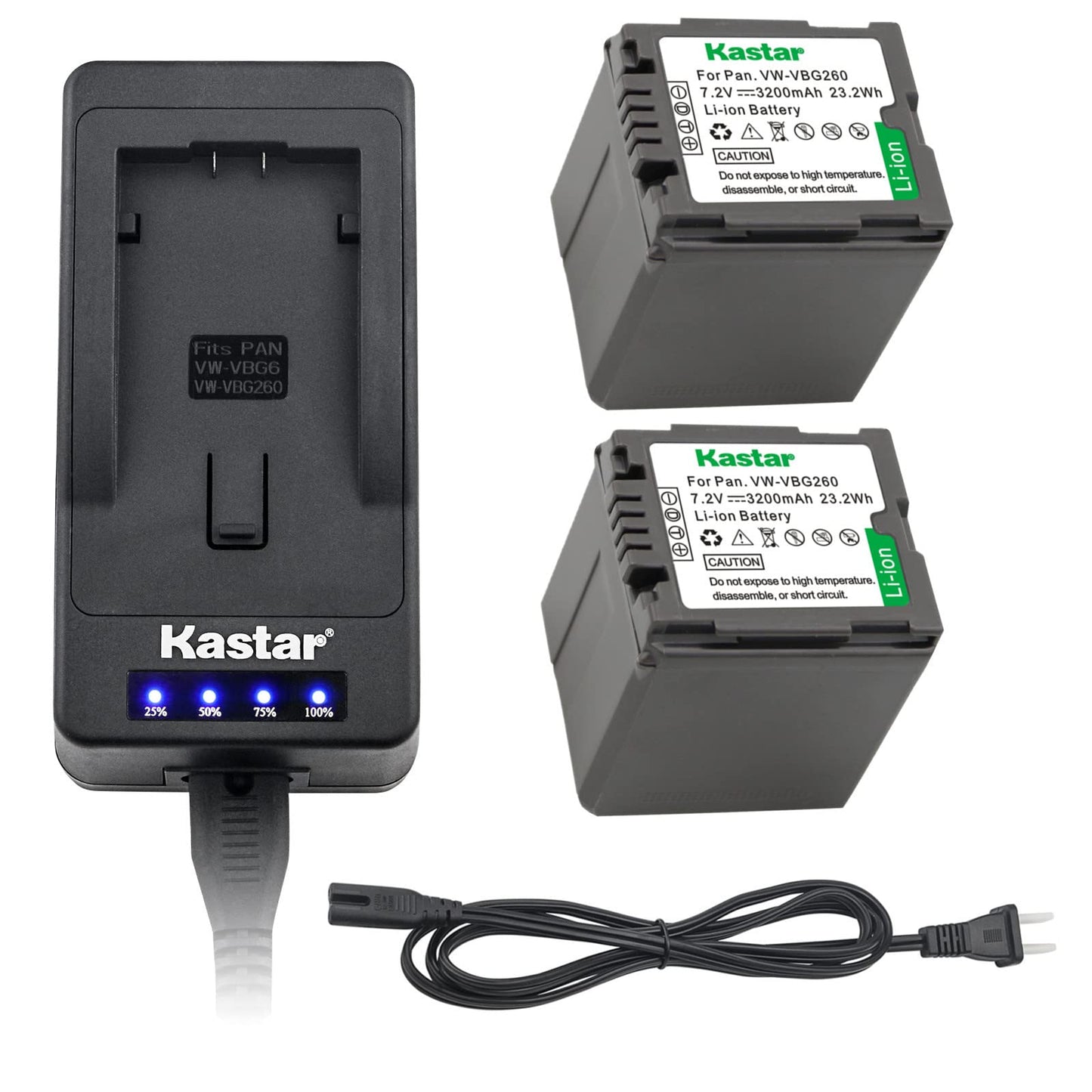 Kastar LED Super Fast Charger + 2 Battery Replacement for Panasonic VW-VBG260 VW-VBG130 AG-AC7 AF100 AG-HMC40 AG-HMC80 AG-HMC150 HDC-HS250 HDC-HS300