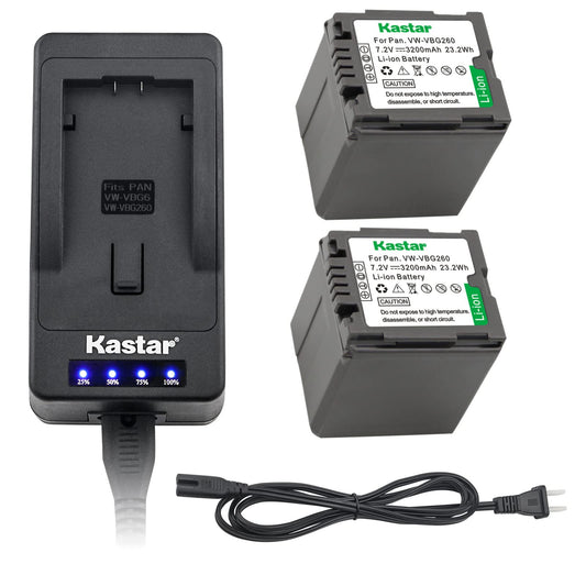 Kastar LED Super Fast Charger + 2 Battery Replacement for Panasonic VW-VBG260 VW-VBG130 AG-AC7 AF100 AG-HMC40 AG-HMC80 AG-HMC150 HDC-HS250 HDC-HS300