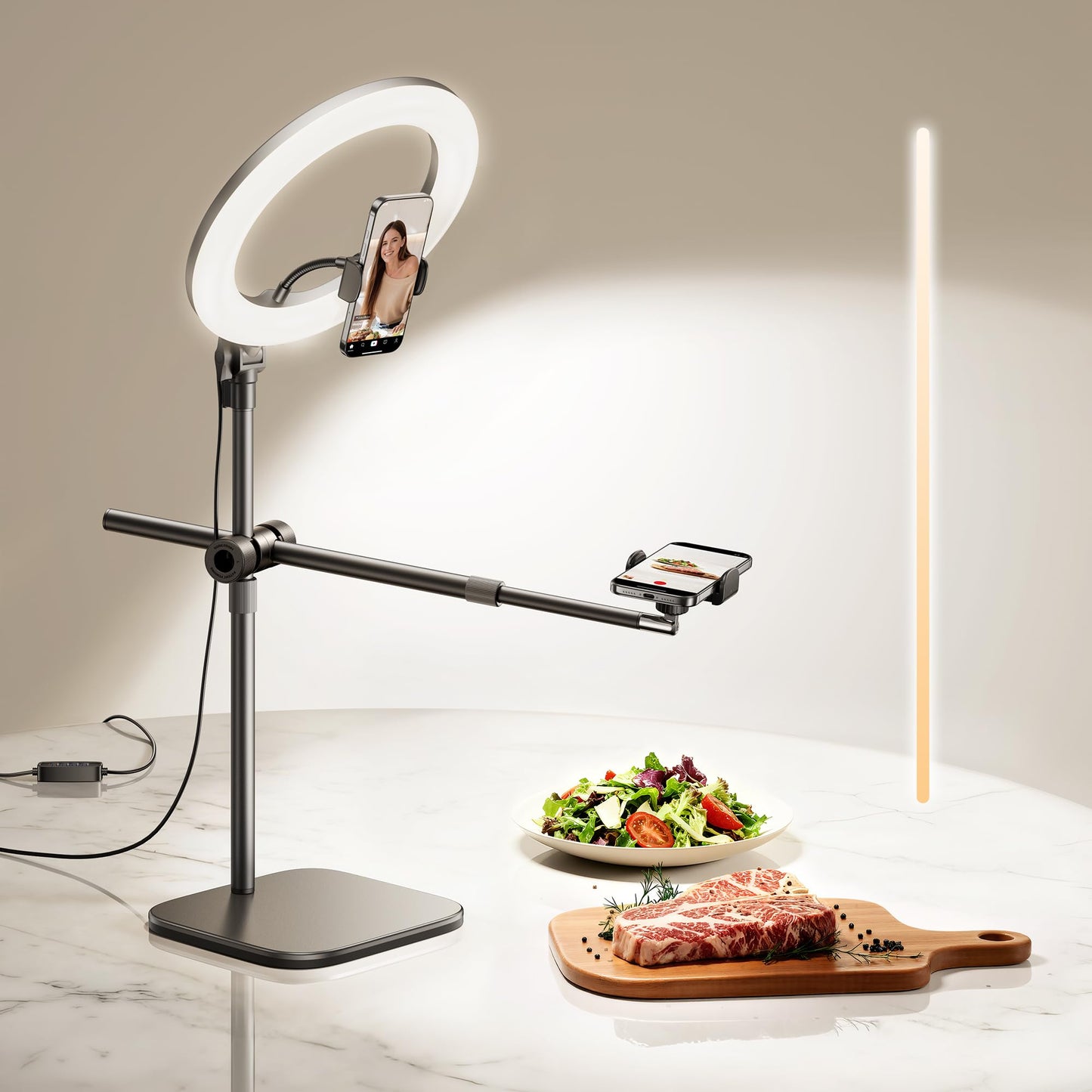 Overhead Phone Mount, Overhead Camera Mount Stand [Anti-Shaking] with 10.5" Ring Light, Desk Stand for iPhone with Ring Light for Video Recording