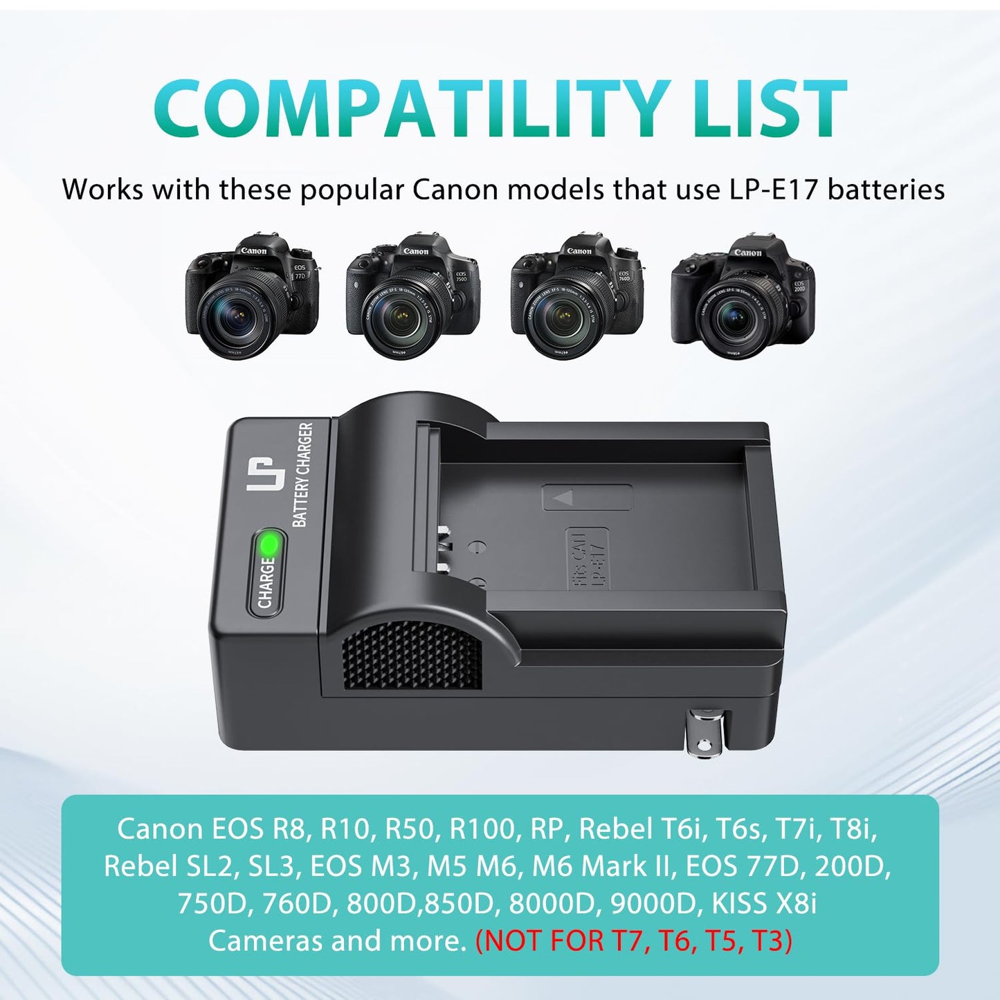 LP LP-E17 Battery Charger, Charger Compatible with Canon EOS Rebel T7i, T6i, T6s, SL3, SL2, 77D, 9000D, 8000D, 800D, 760D, 750D, 200D, M6, M5, M3