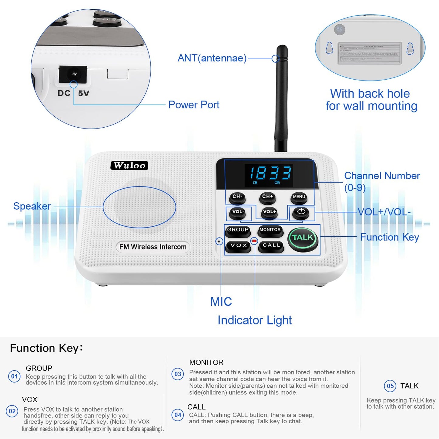 Wuloo Intercoms Wireless for Home 1 Mile Range 22 Channel 100 Digital Code Display Screen, Wireless Intercom System for Home House Business Office