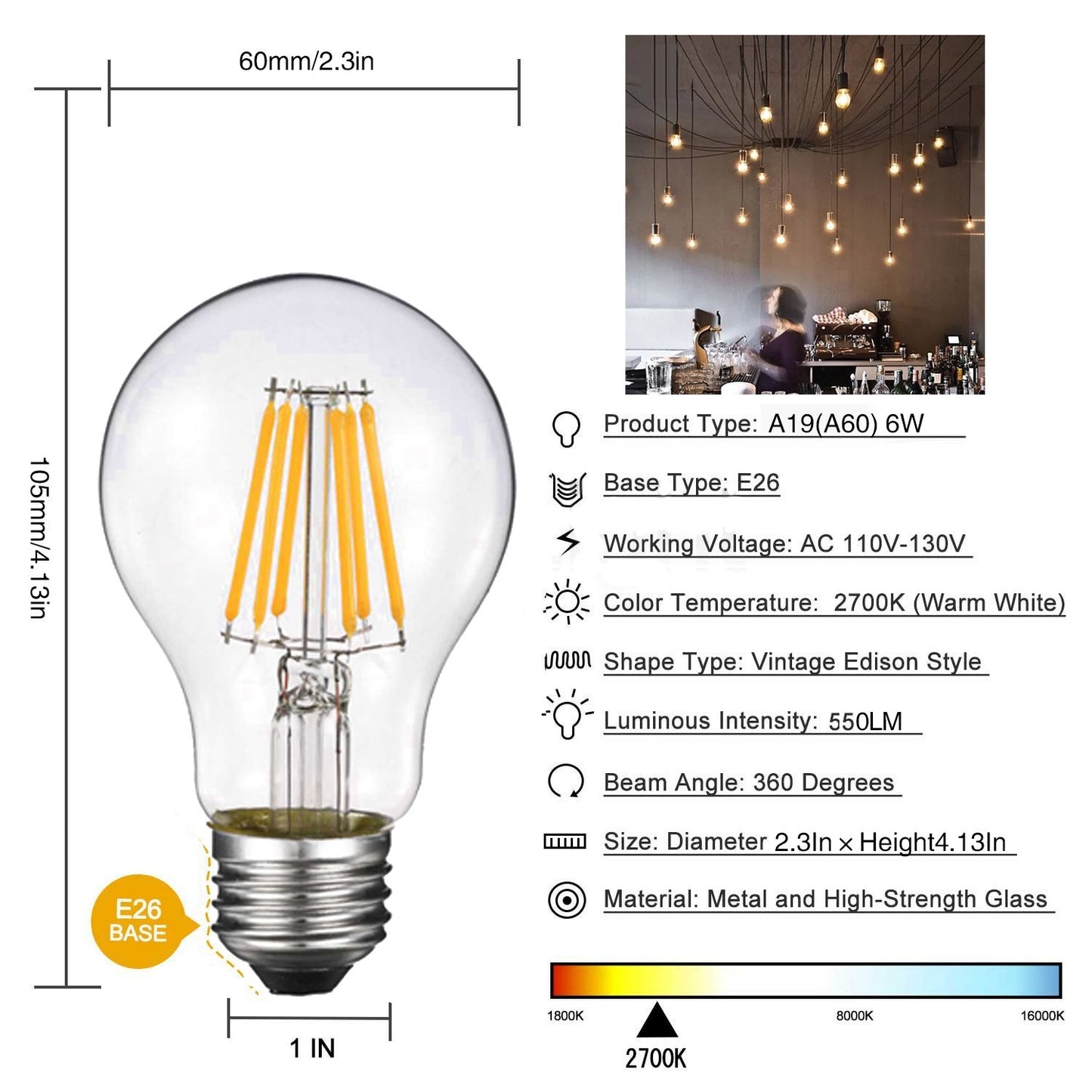YFXRLIGHT Vintage Edison LED Bulb, Dimmable 6W A19 Antique LED Bulb, 60 Watt Equivalent for Ceiling Fan and Pendant Lighting, E26 Clear Glass Cover