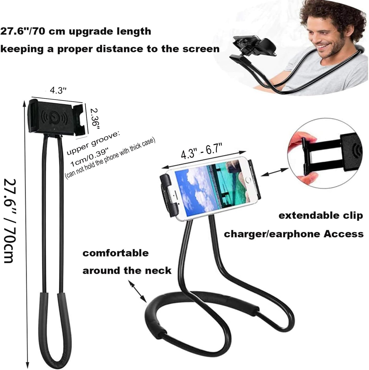 geyitafum Cell Phone Stand Hanging on Neck Upgraded, Hands-Free Mobile Phone Holder Clip on Bed/Table 360° Rotation iPhone Tablet Mount Bracket