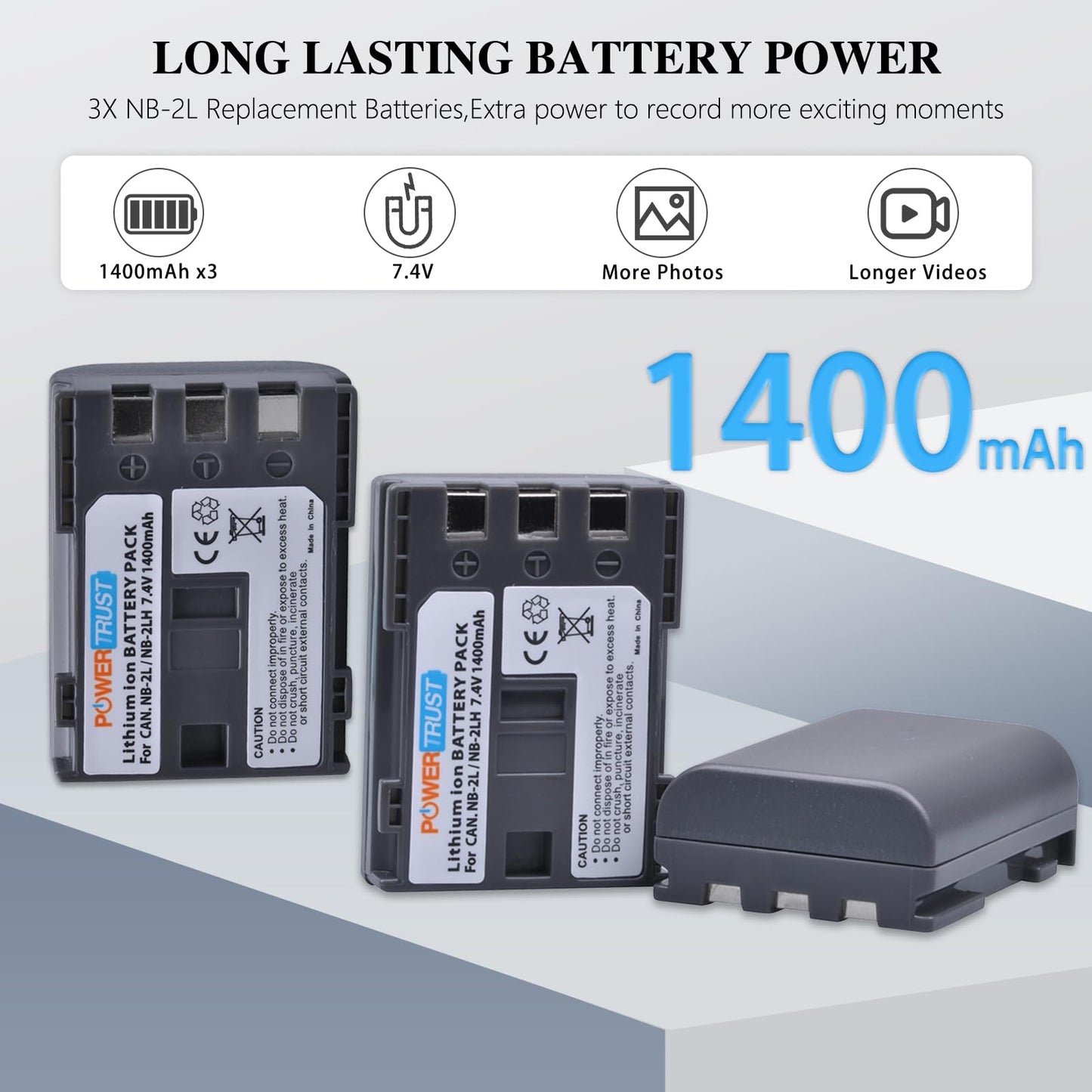 PowerTrust 3-Pack NB-2L NB-2LH Battery and NB2L Dual USB Charger for Canon DC301, DC310, DC320, DC330, DC410, DC420, Elura 40, 50, 60, 65, 70, 80, 85