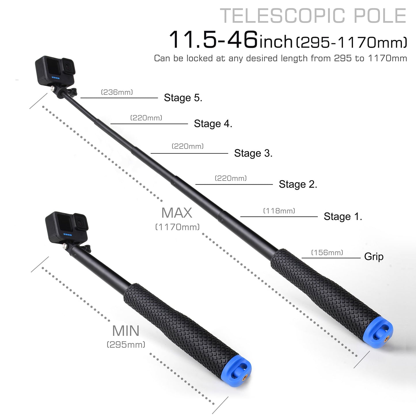 GEPULY 46''Alumium Waterproof Selfie Stick with 1/4 Thread Hole Underwater Pole Handle Grip Monopod for GoPro Hero 13 12 11 Max Insta360 AKASO DJI