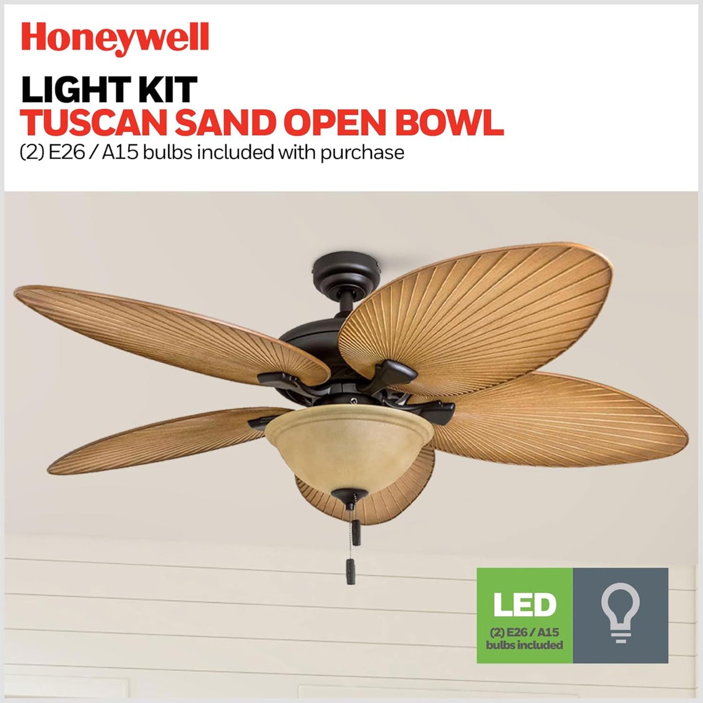 Honeywell Ceiling Fans Palm Valley, 52 Inch Tropical Indoor Outdoor Ceiling Fan with Light, Pull Chain, Three Mounting Options, 5 Palm Leaf Blades