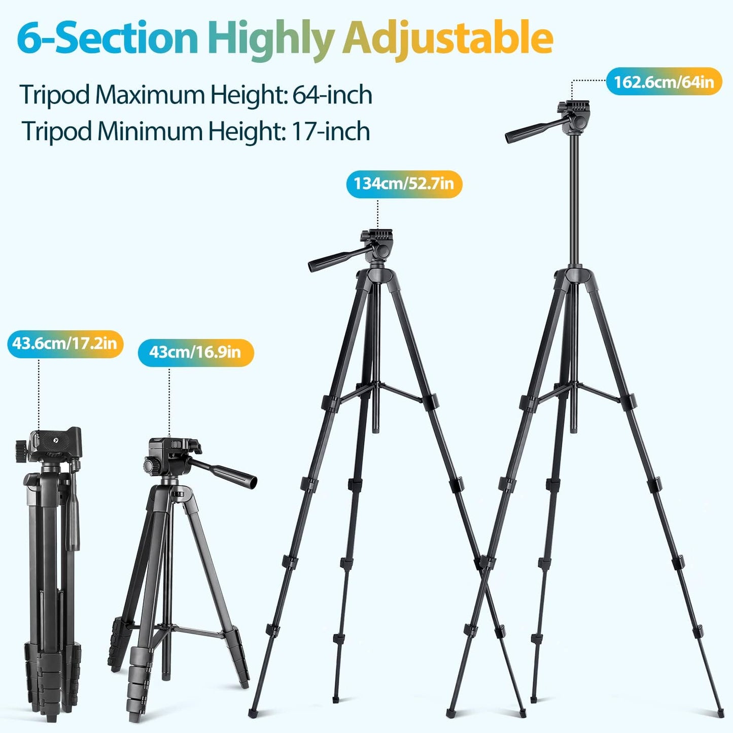 Aureday Phone Tripod Stand, 64” Extendable Cell Phone&Camera Tripod with Wireless Remote and Phone Holder, Aluminum iPad Tripod for Video
