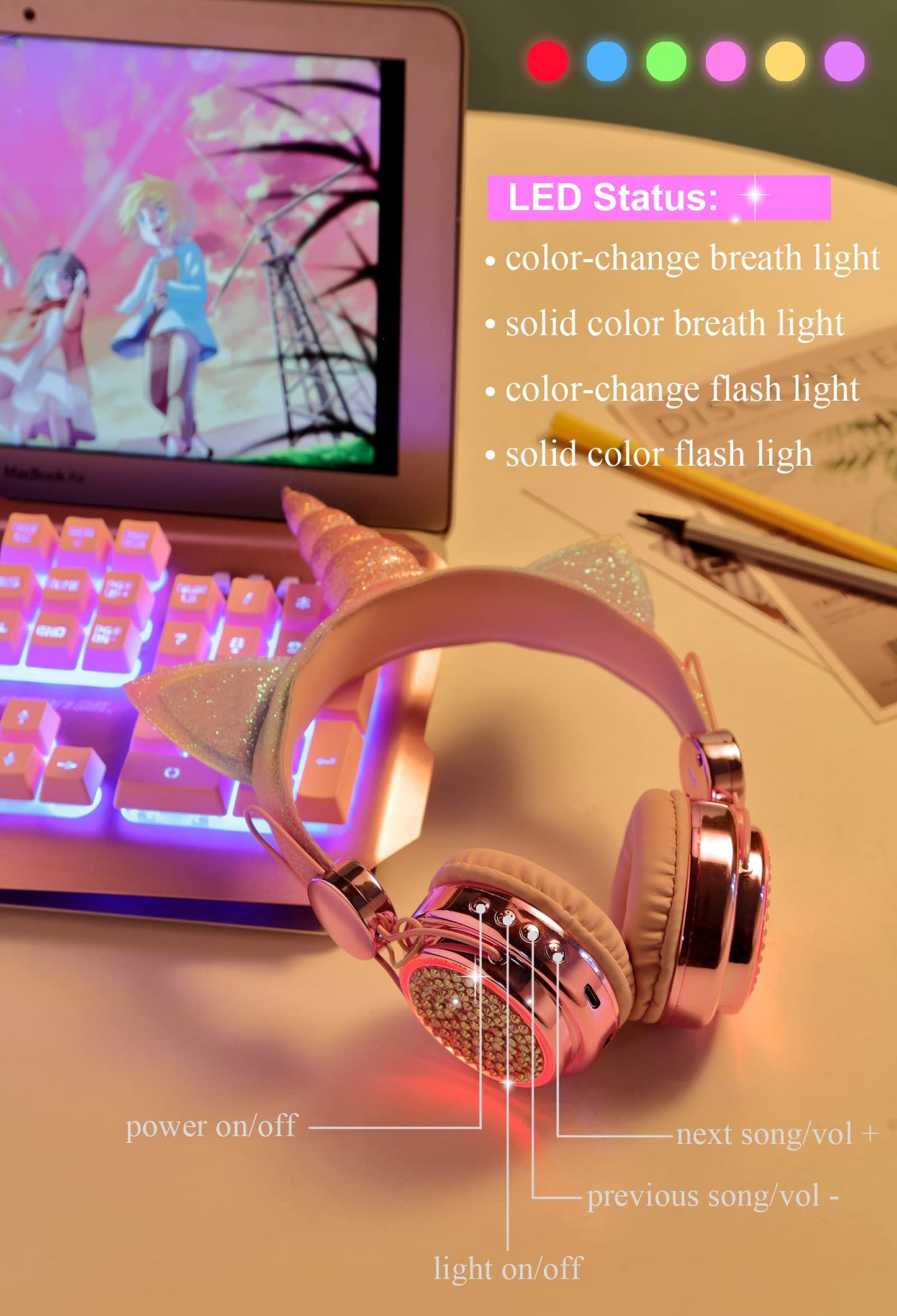 KORABA Kids Headphones Bluetooth Wireless, Unicorn LED Lights up Girls Headsets with Microphone, 10 Hours 5.0 Bluetooth Headphones for Girls, Kids…