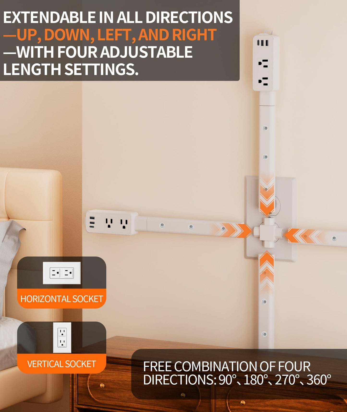 2 Pack Electrical Outlet Extender Stick Features 2 USB-A, USB-C and 2 AC Outlets, Extendable to 6", 15.3", 24.5", 34", for Hard to Reach Spaces Use