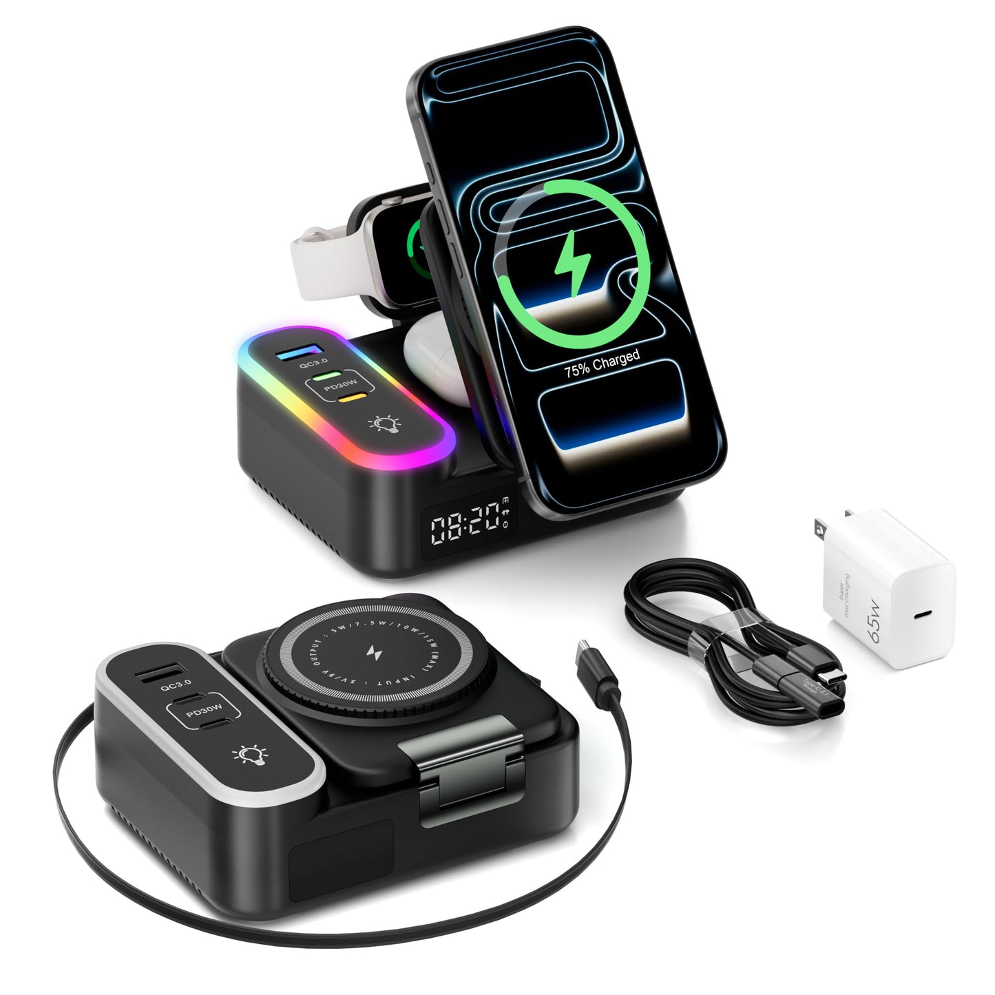 65W 8-in-1 Charging Station, 15W Magnetic Wireless Charger with Retractable Cable, 30W USB C Fast Charging Stand for iPad, Multiple Devices for iPhone