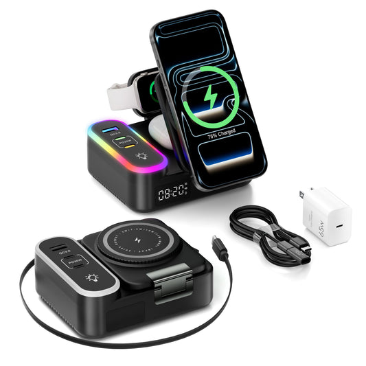 65W 8-in-1 Charging Station, 15W Magnetic Wireless Charger with Retractable Cable, 30W USB C Fast Charging Stand for iPad, Multiple Devices for iPhone