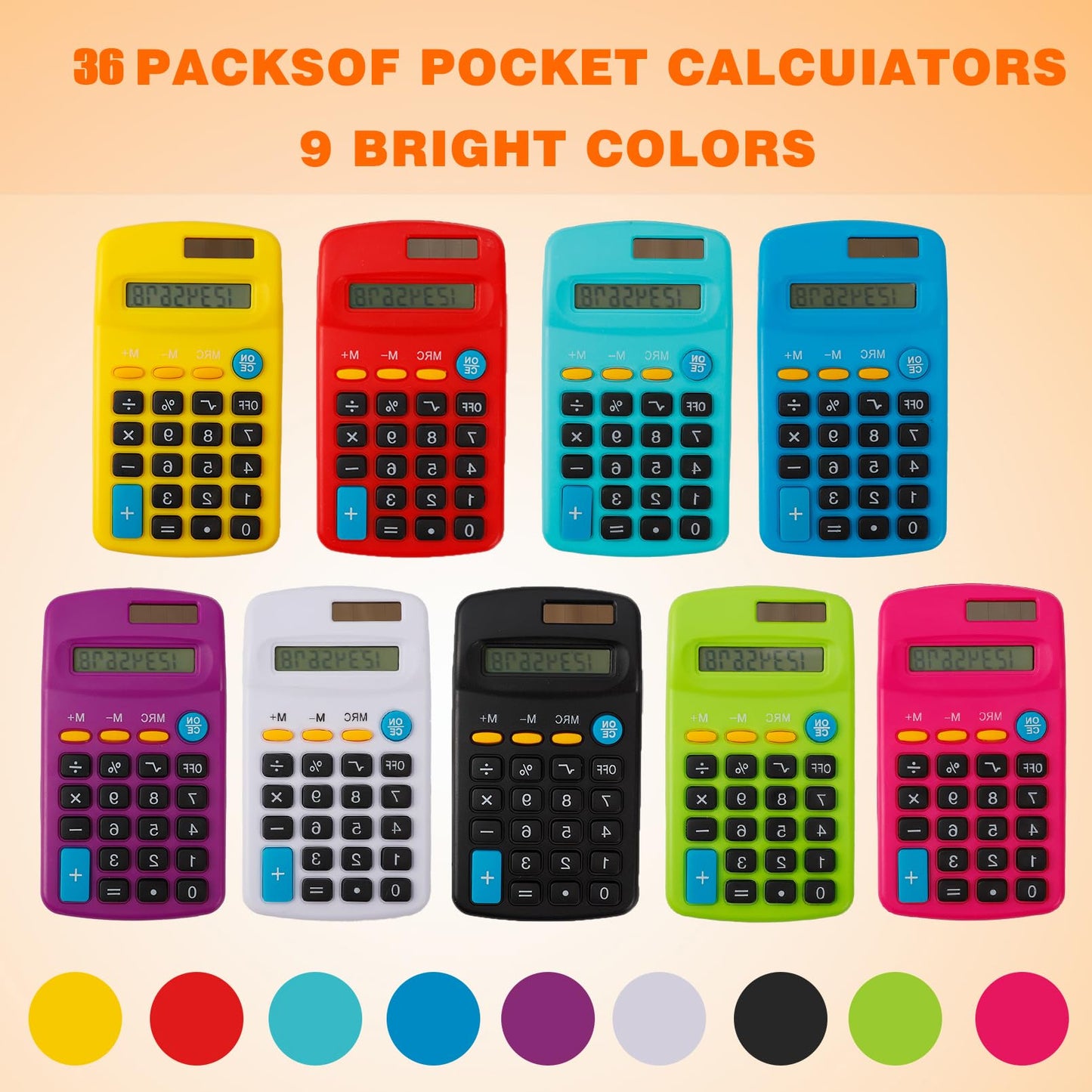 Enjamyo 36 Pcs Pocket Calculator, Mini Colorful Basic Solar Battery Calculator, Solar Battery Dual Power, Basic Calculators, 8 Digit Display