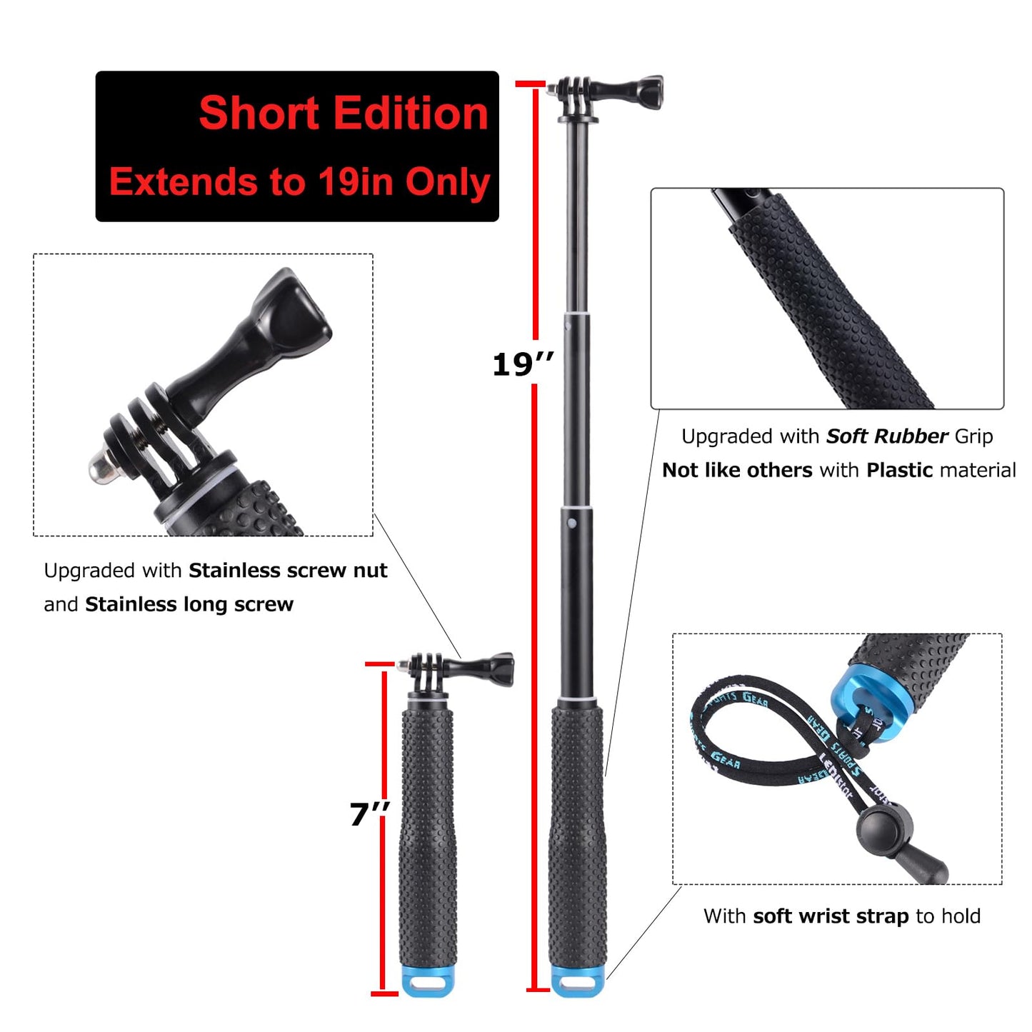 Trehapuva 19” Short Extension Selfie Stick Compact Handle Grip Adjustable Waterproof Monopod Pole Compatible with GoPro Hero 13 12 11 10 9 8 7 6 5