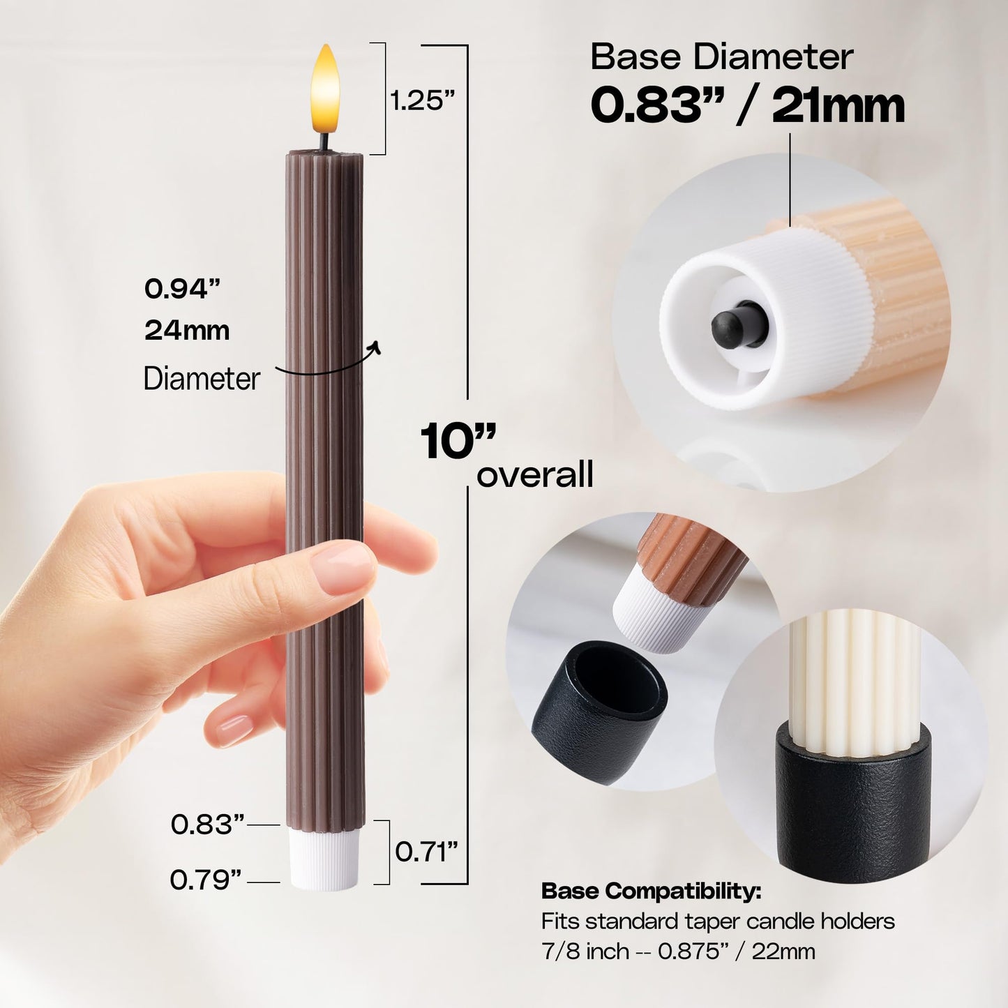 WYZworks Coordinated Chocolatey Mocha Brown 4 Pack, 10" Real Wax LED Flameless Fluted Ribbed Grooved Taper Candles, Remote & Timer Memory, On/Off