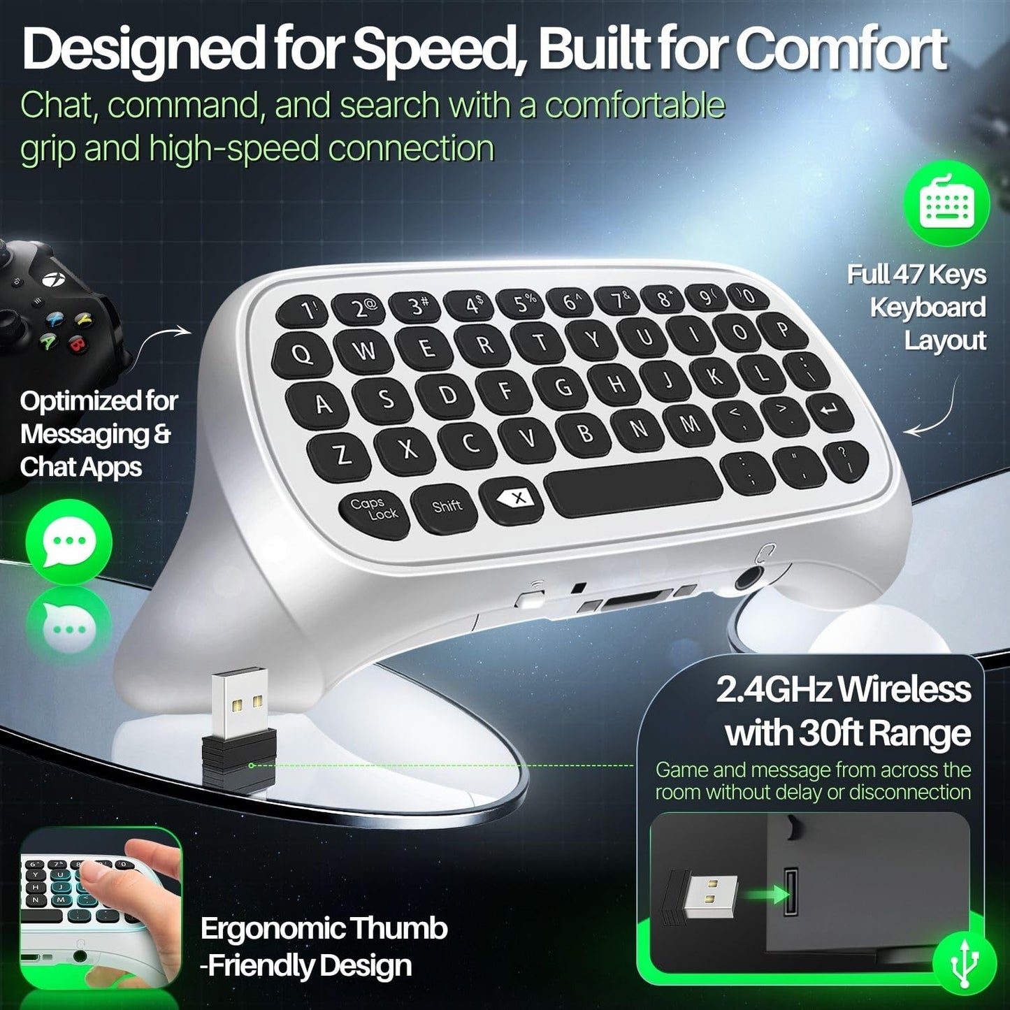 TNP Wireless Keypad Chatpad for Xbox One Controller S/X & Series S/X - 2.4GHz Mini Plug-and-Play with USB Receiver, 3.5mm Audio Jack, Message Text Pad