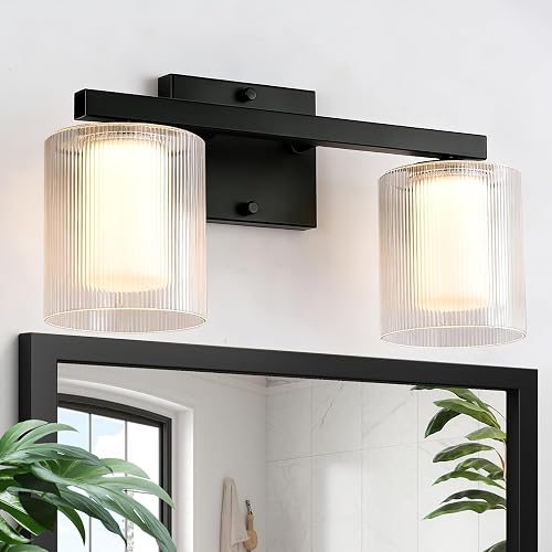 Nwaprh 2-Light Bathroom Vanity Light, 15.75" Matte Black LED Bathroom Light Fixture with Ribbed Glass Shades, 3000K Warm White Wall Sconce, Up/Down