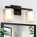Nwaprh 2-Light Bathroom Vanity Light, 15.75" Matte Black LED Bathroom Light Fixture with Ribbed Glass Shades, 3000K Warm White Wall Sconce, Up/Down