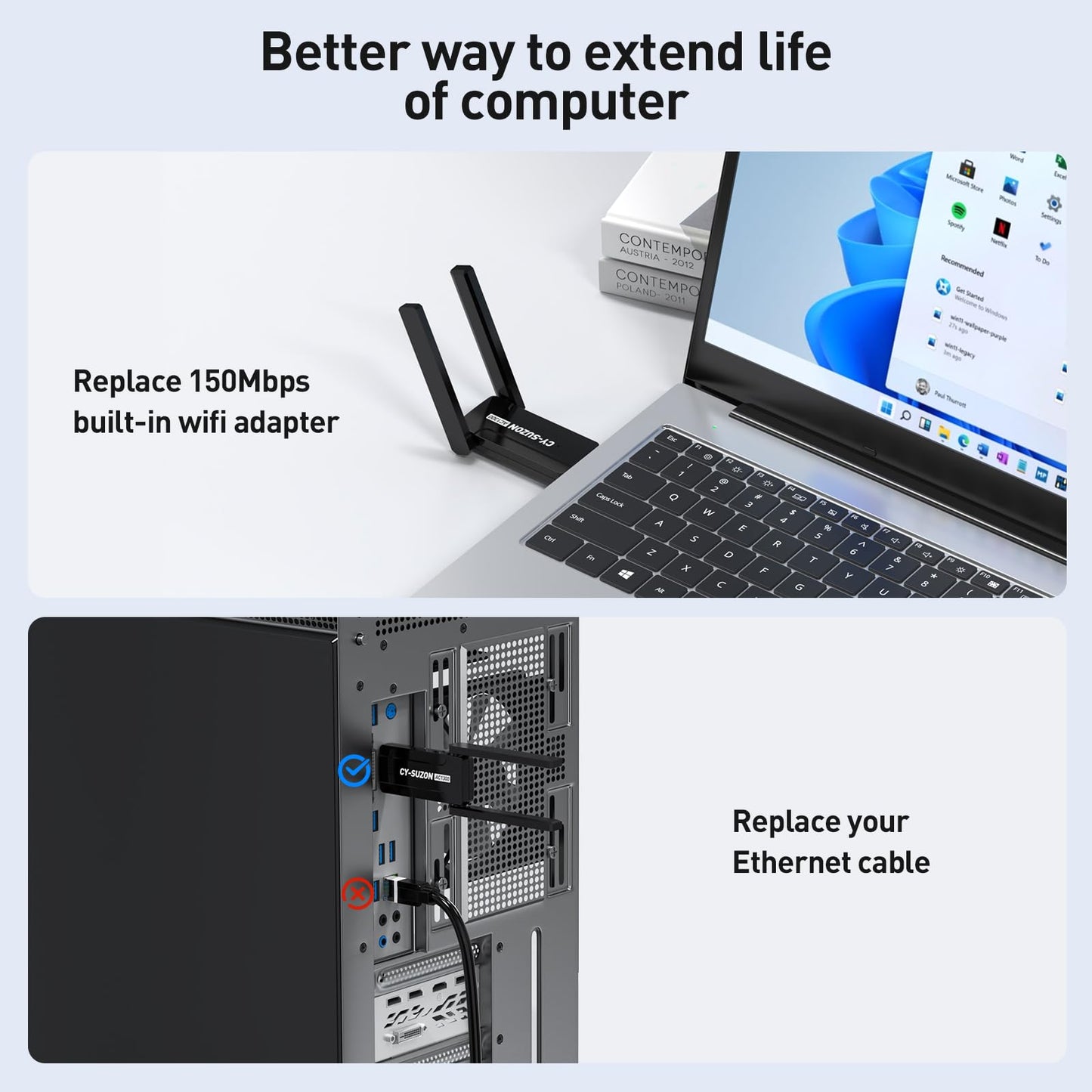 CY-SUZON AC1300 USB 3.0 WiFi Adapter for PC, Wireless Network Adapter for Desktop with 2.4GHz,2×High Gain Antenna,Windows11/10/8/7/XP