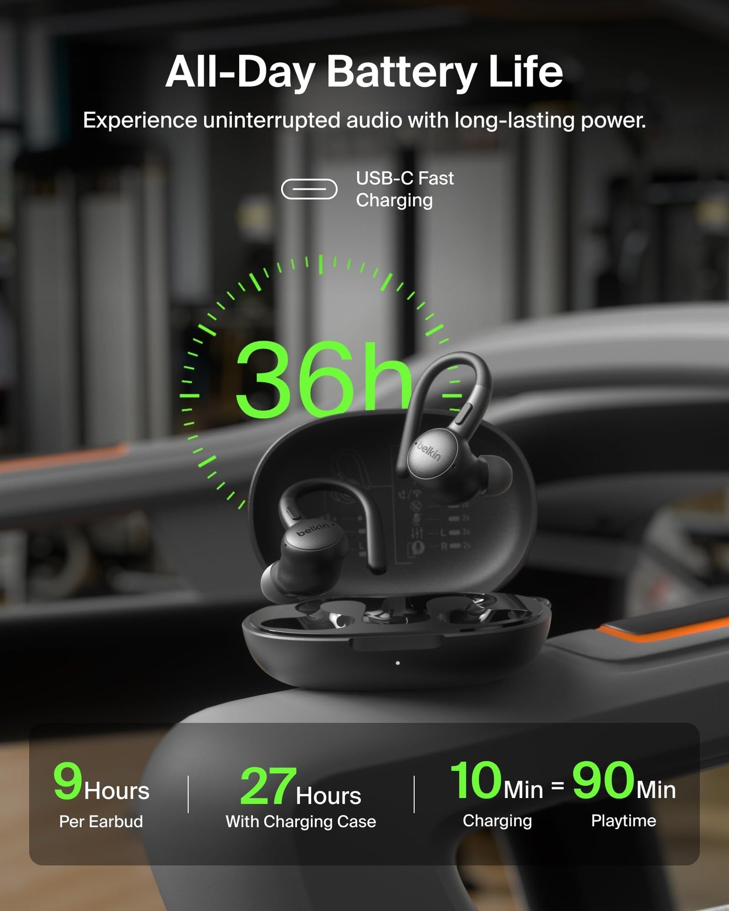 Belkin SoundForm ActiveFit Wireless Earbuds w/Built-in Microphone, USB C Fast Charging, 36H Battery Life, IP54 Water Resistance - Bluetooth Earbuds…