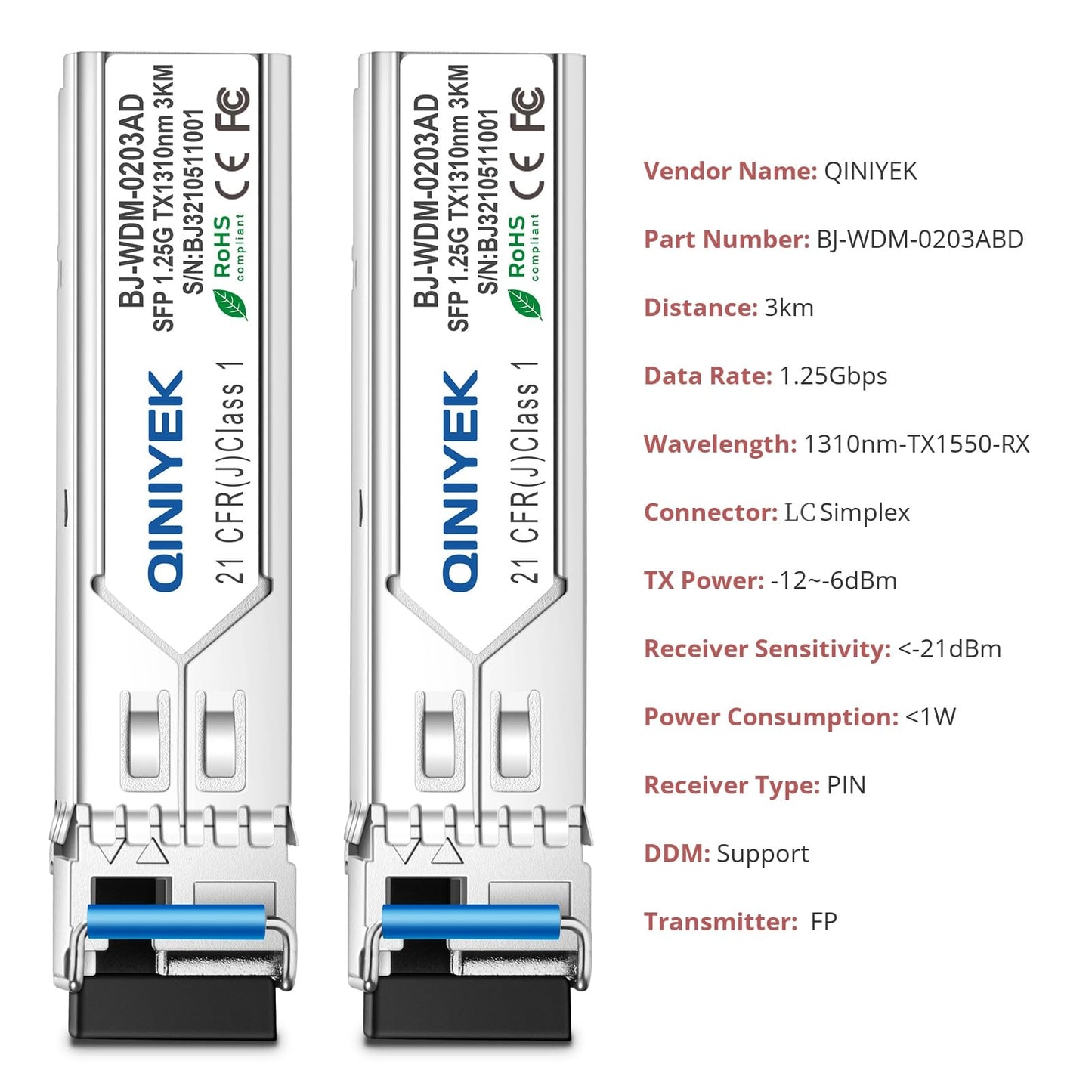 1 Pair Simplex LC Module 3KM, 1.25G Single-Mode Fiber Connector, SFP-WDM-SM 1000BASE BiDi 1310nm/1550nm SFP Transceiver Module