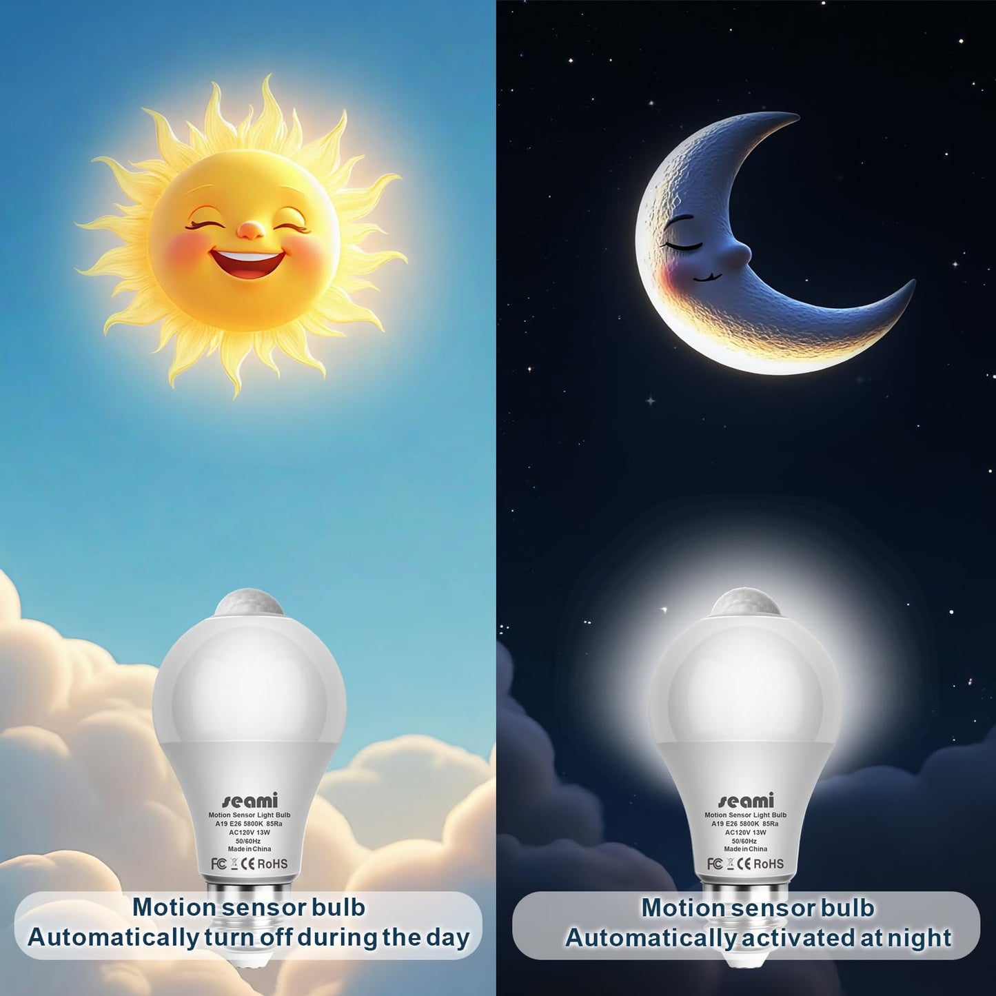 seami Motion Sensor Light Bulb, Dusk to Dawn Security Night Light A19 E26 13W Equivalent 100W 5800K Daylight, Indoor Motion Activation Detector Light
