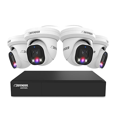 Defender AI Powered Sentinel Pro Turret 8CH NVR PoE Security Camera System, 4pc Metal Turret Cameras, 109° Wide Angle, IP66 Rated, Audio Recording
