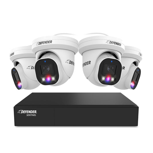Defender AI Powered Sentinel Pro Turret 8CH NVR PoE Security Camera System, 4pc Metal Turret Cameras, 109° Wide Angle, IP66 Rated, Audio Recording