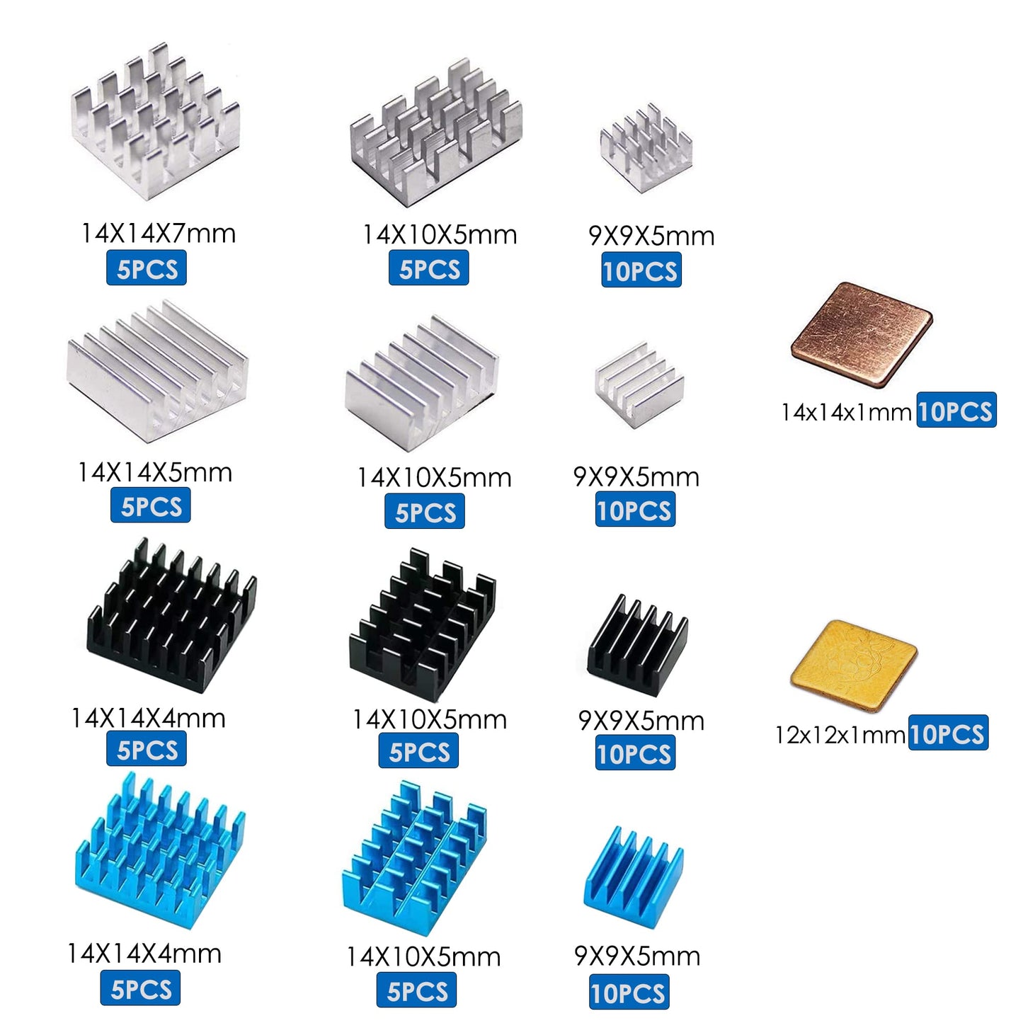 MazerPi 100 Pcs Heatsinks (Multi-Size&Multi-Color), Heatsink Kit with 3M 8810 Conductive Adhesive Tape Aluminum Heat Sink Copper Heat Sinks Cooler