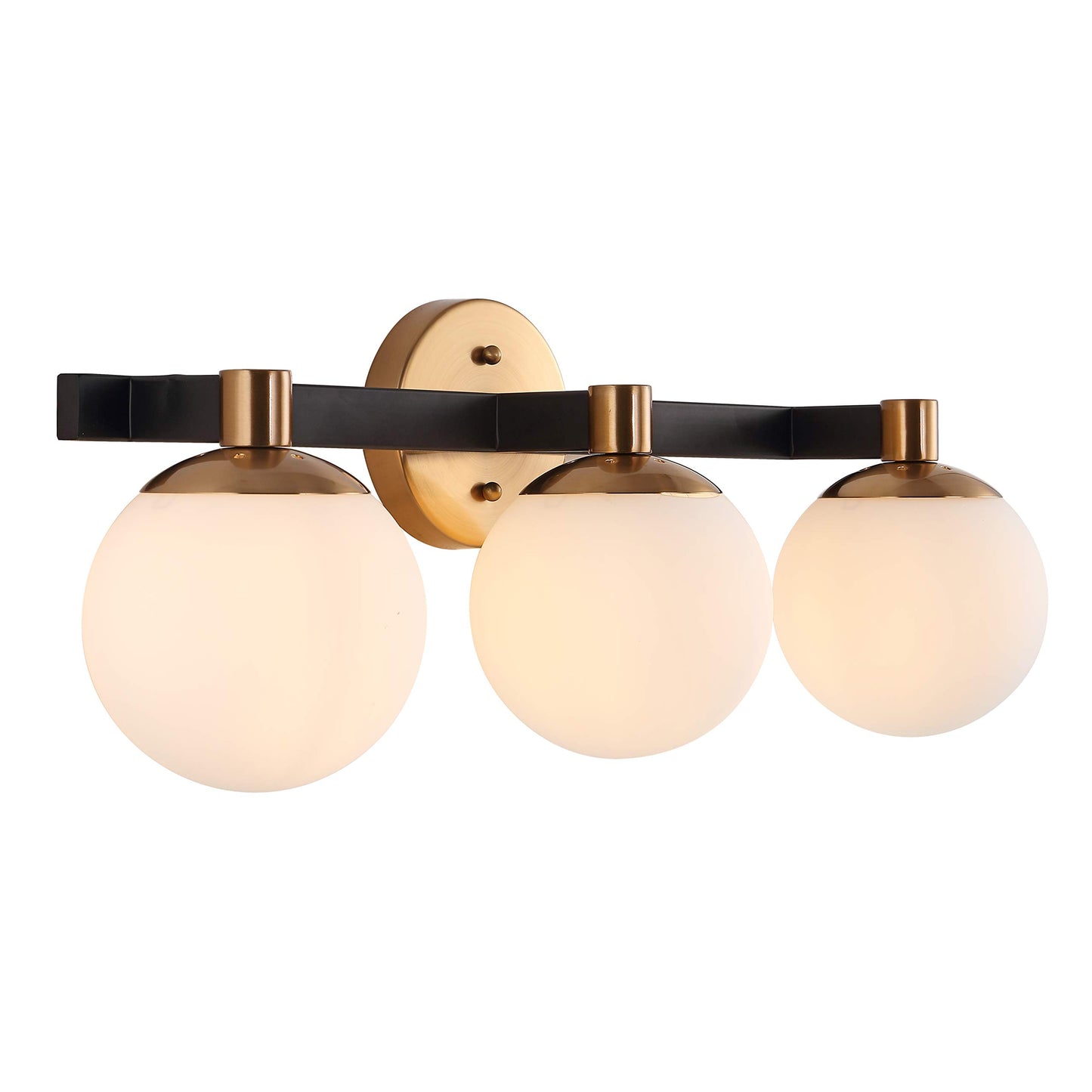 JONATHAN Y 24" Brass Gold/Black Modern Globe LED Vanity Wall Sconce Light, White Frosted Glass Shade, Mid-Century Art Deco Wall Lamp for Bathroom