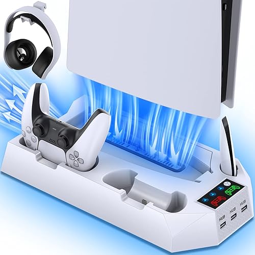 PS5/PS5 Slim/PS5 Pro Stand and Cooling Station with Dual Controller Charging Station for PlayStation 5 Console, PS5 Accessories Incl. Controller