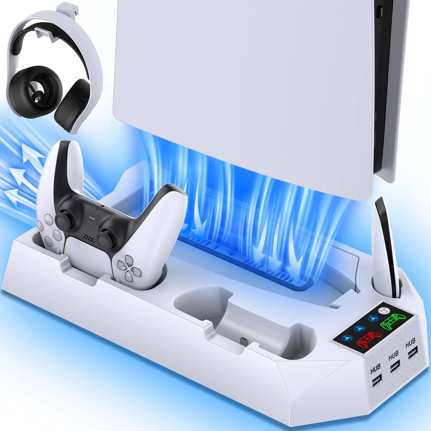 PS5/PS5 Slim/PS5 Pro Stand and Cooling Station with Dual Controller Charging Station for PlayStation 5 Console, PS5 Accessories Incl. Controller