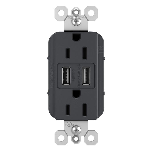 Legrand radiant TM826USBGCCV4 15 Amp Decorator Duplex Tamper Resistant Outlet Receptacle with 3.1A Type A USB Charger, Graphite (1 Count)