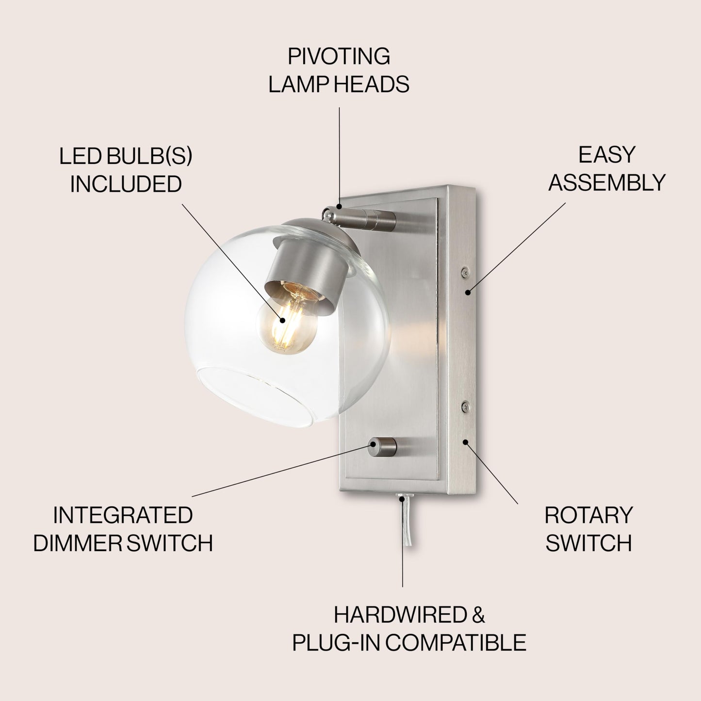 JONATHAN Y 6" Nickel 1-Light with Clear Globe Modern Wall Sconce, Plug-in or Hardwired LED Adjustable Wall Light with Dimmer Switch, Clear Glass Globe