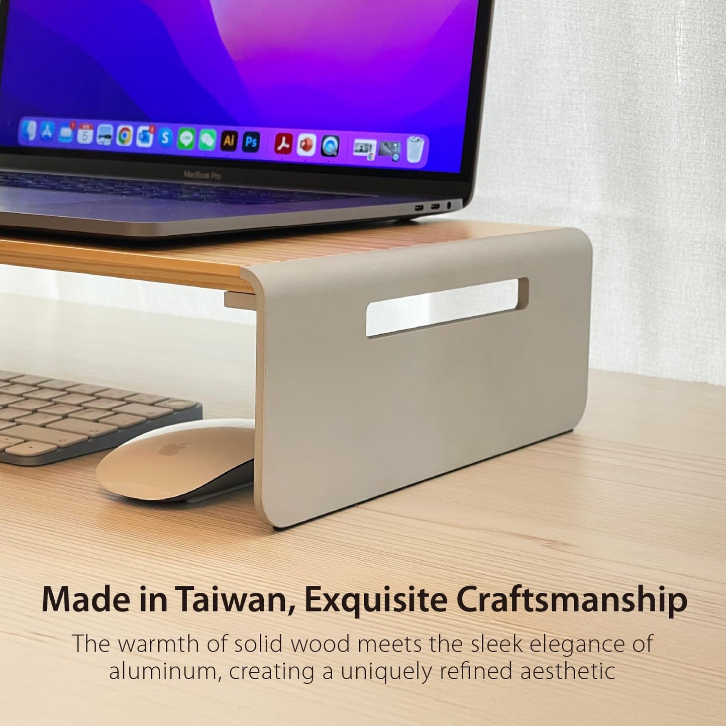 j5create Premium Monitor Stand, Made with Elegant Wood and Sleek Aluminum Material, Display/TV/Screen/Printer/Laptop Riser, Max Load 88 lbs/ 40 kg