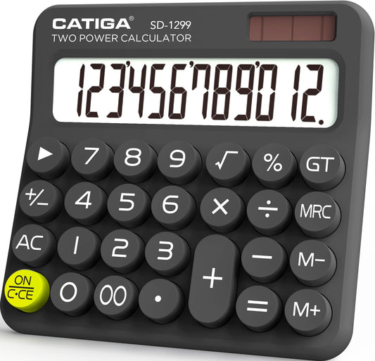 CATIGA Mechanical Switch Calculator with Solar and Battery Dual Power, 12-Digit Large LCD Display, Aesthetic and Cute Desktop Calculator with Big