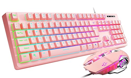 LORERAN Gaming Keyboard and Mouse Combo Pink, Gaming Keyboard LED Colorful Lights Backlit Wired Pink Keyboard Kawaii and Cute Keyboard Adjustable