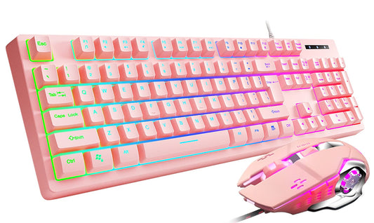 LORERAN Gaming Keyboard and Mouse Combo Pink, Gaming Keyboard LED Colorful Lights Backlit Wired Pink Keyboard Kawaii and Cute Keyboard Adjustable