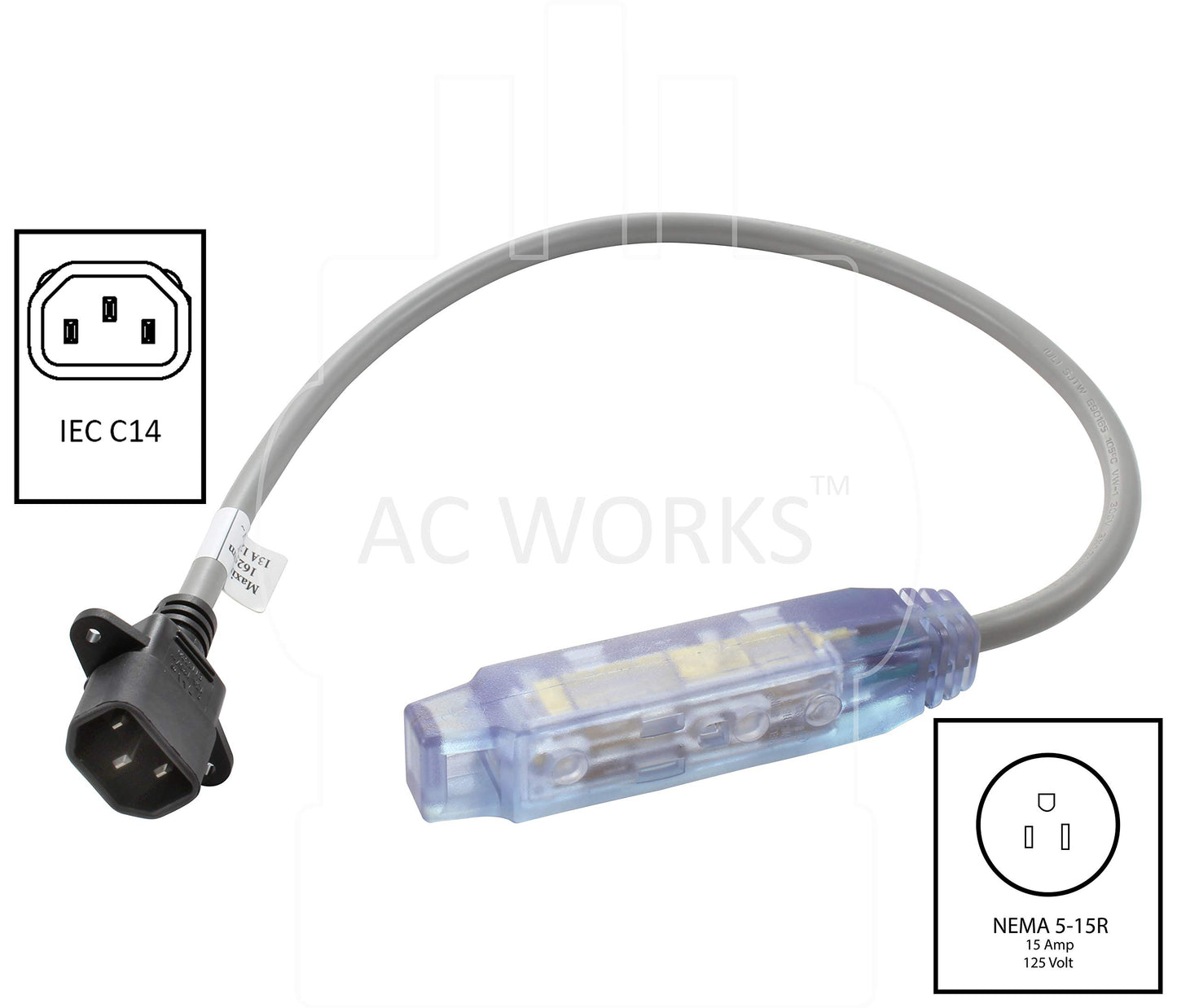 AC WORKS [C14B515-018 IEC C14/ Sheet E IT Plug to Bar Style Household Power Strip Tri-Outlet