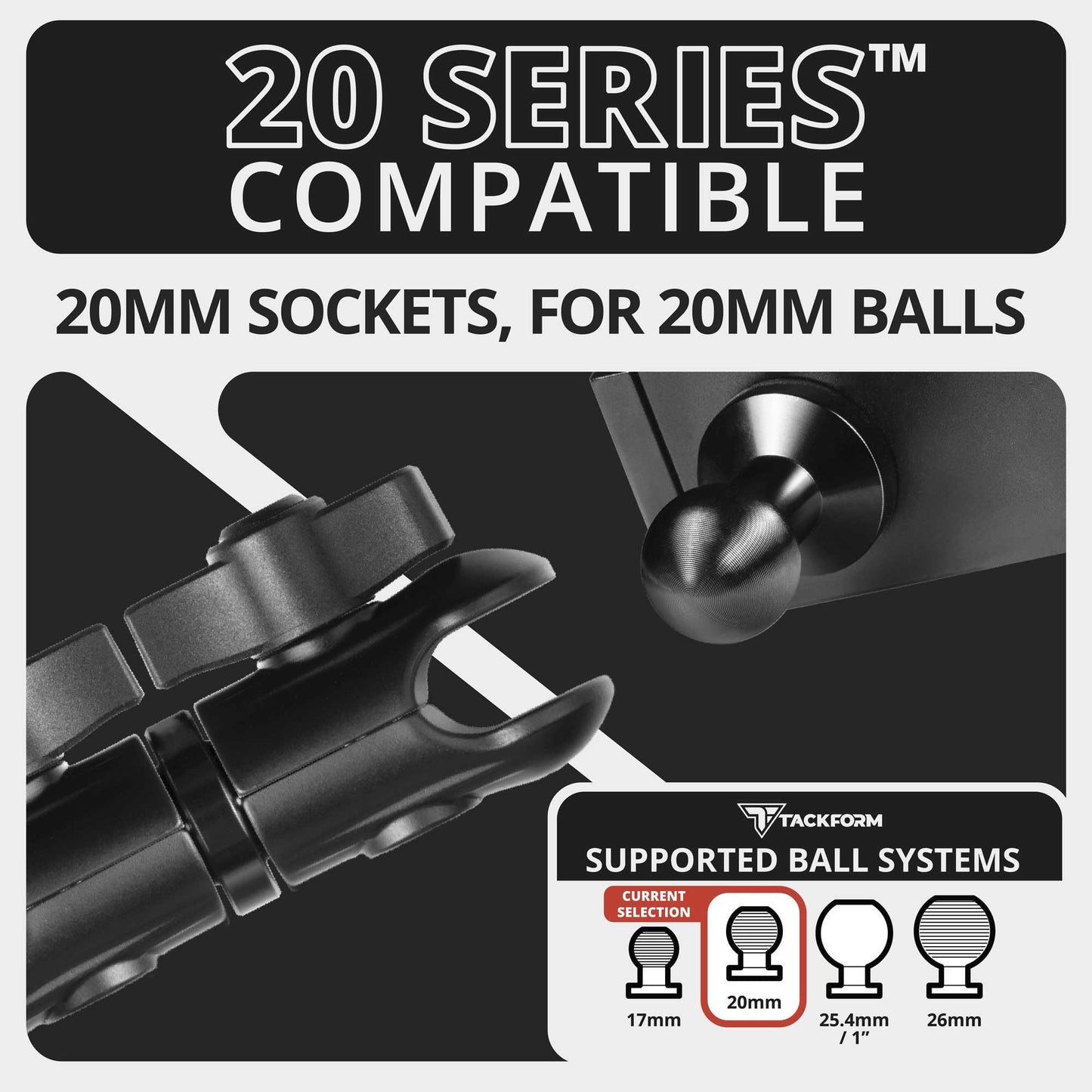 Tackform 3.5" Long Metal 20mm Ball and Socket Arm DuraLock 20 Series | Dual 20mm Sockets with Optional Anti-Theft Knobs | Black with Orange Billet