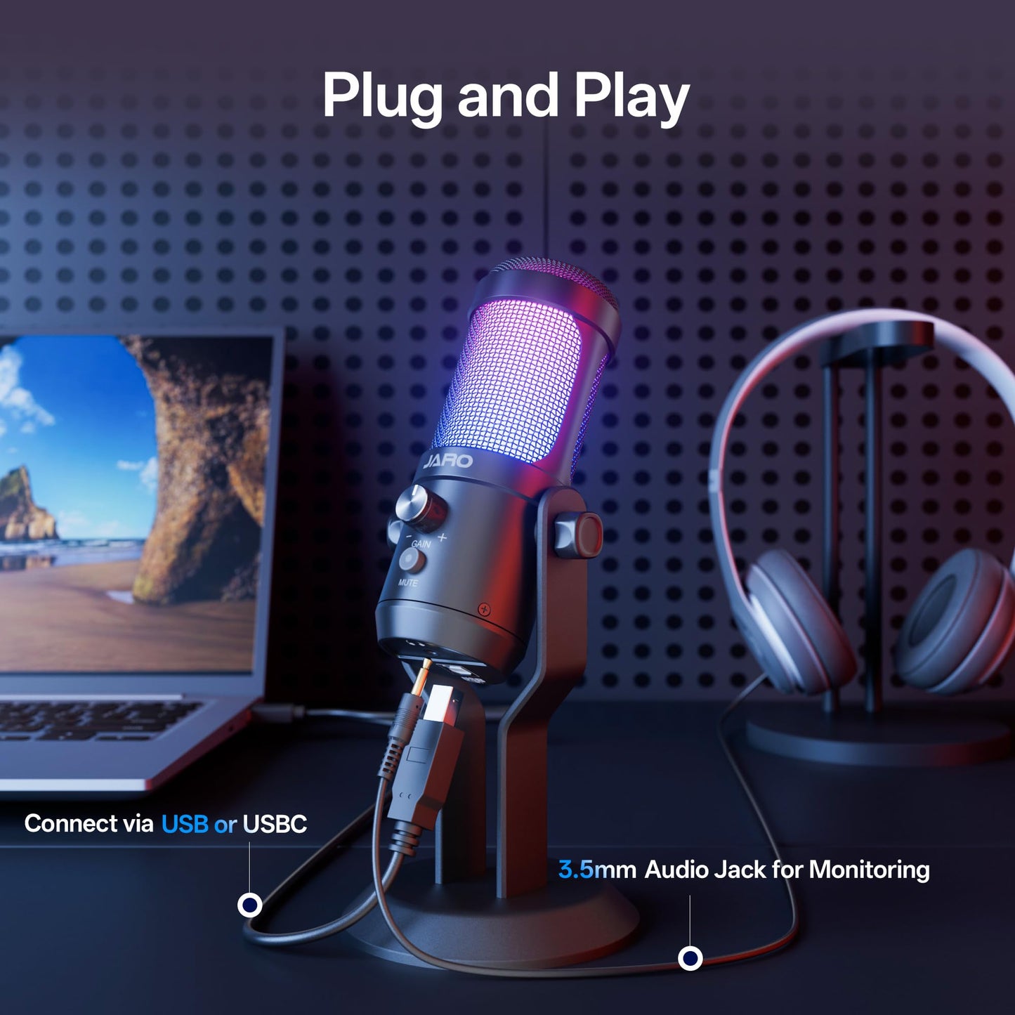 JARO USB Condenser Microphone with Mute Noise Cancelation RGB for Podcasting Gaming Streaming YouTube Zoom AMSR Singing Recording [Compatible with PC