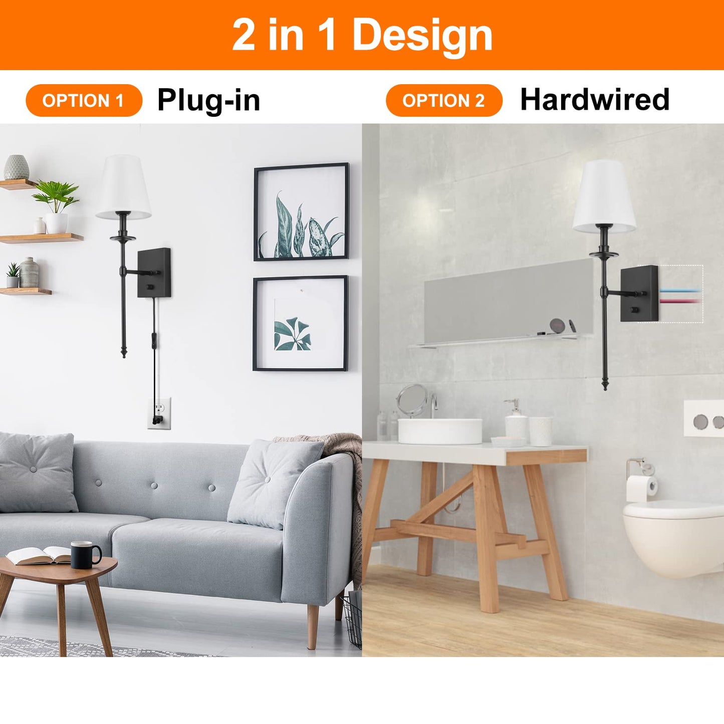 GOODATE Dimmable Wall Sconces Set of Two, Plug in Wall Sconces White Fabric Shade, Wall Lamp for Bedroom, Living Room, Plug in Wall Light Sconces Wall