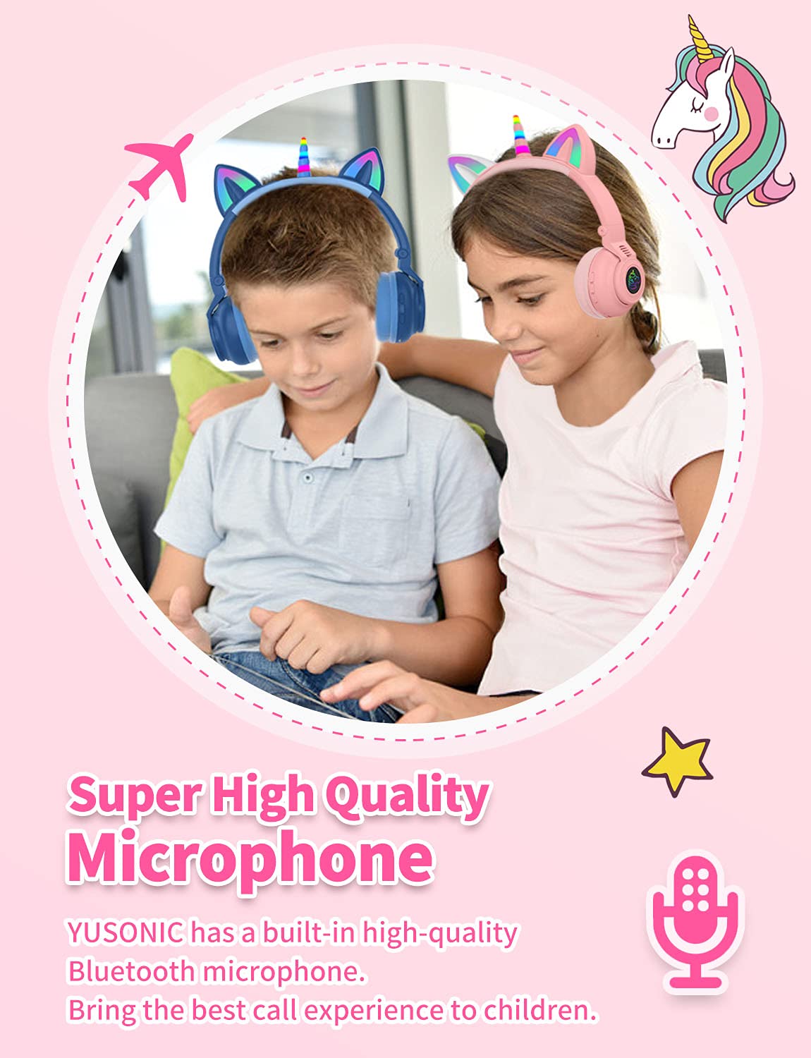 YUSONIC Unicorn Kids Headphones for Girls, Unicorn Bluetooth Headphones Foldable for Girls Toddlers Tablet/pad/Amazon fire,Light Up Kids Wireless…