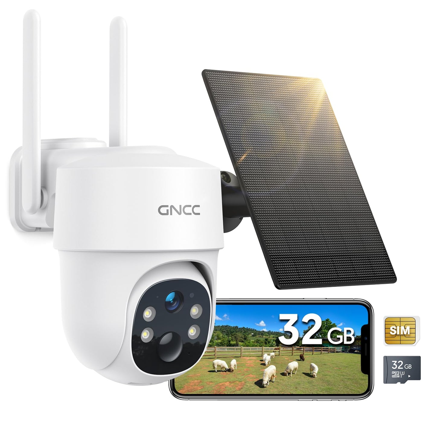 GNCC 4G LTE Cellular Security Camera, 2K Solar Outdoor Camera Wireless, No WiFi Security Camera, Color Night Vision, Spotlight, 2-Way Audio, PIR