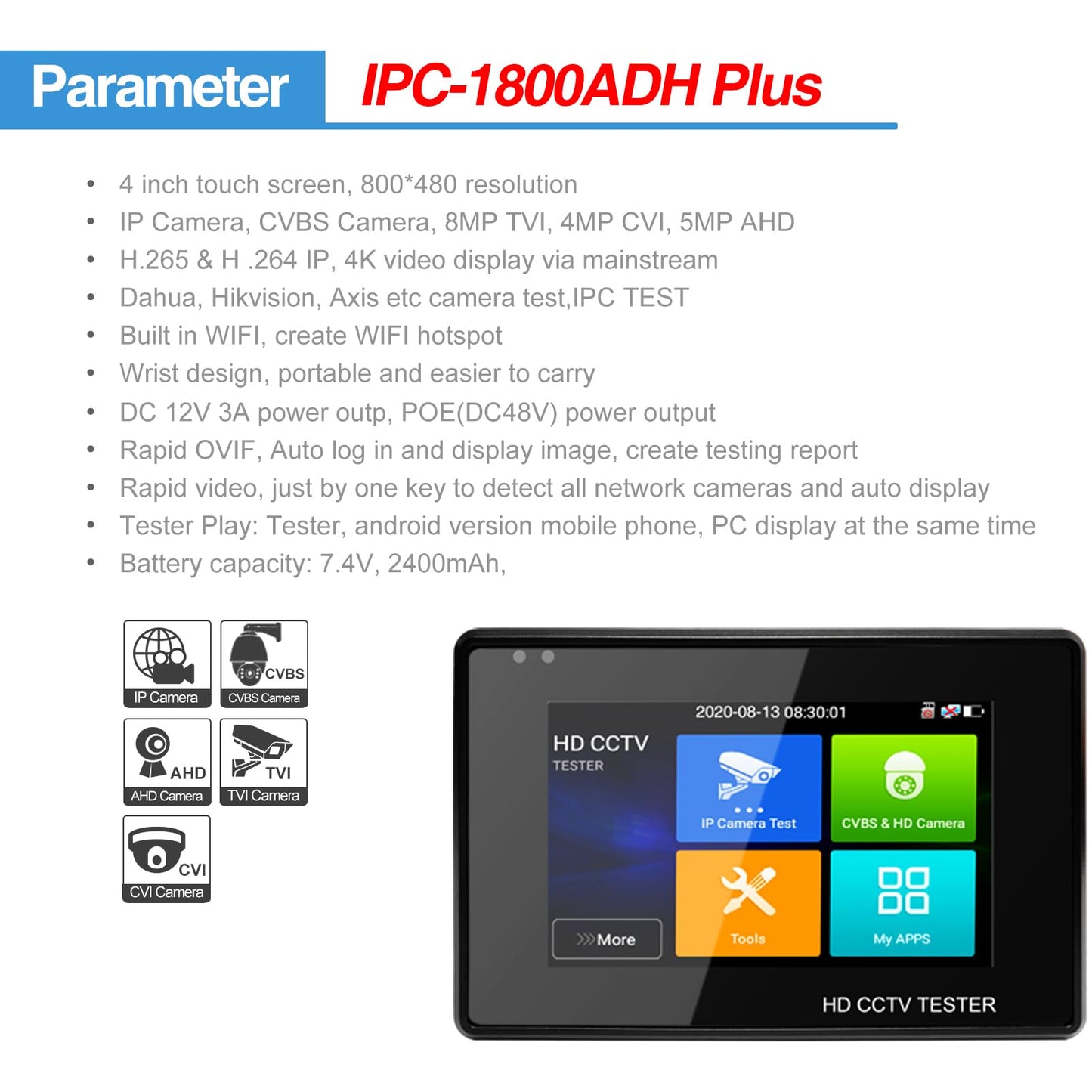 Rsrteng CCTV Camera Tester Support 12MP IP Camera 8MP TVI/CVI/AHD Camera CVBS Camera 4-inch IPS Touch Screen Monitor CCTV Tester Support POE PTZ 4K